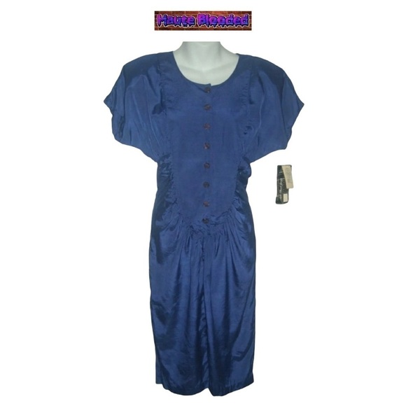 Vintage 80's 90's All That Jazz Blue Dress Satin Deadstock Dynasty Pleated S VTG - Picture 1 of 9